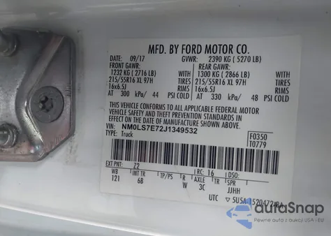 2018 Ford Transit Connect Xl из США, поврежденный, VIN NM0LS7E72J1349532